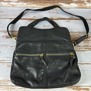 Vintage Fossil Folder Over Black Leather Purse Brass Shoulder Bag